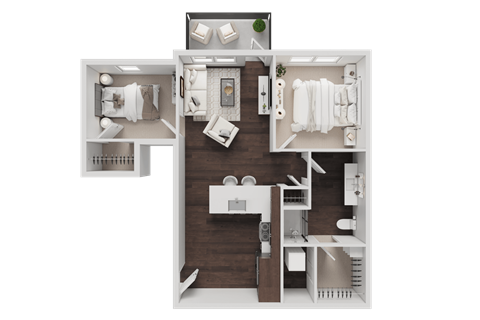 Floor plan for 2 beds, 1 bath, 821 sqft